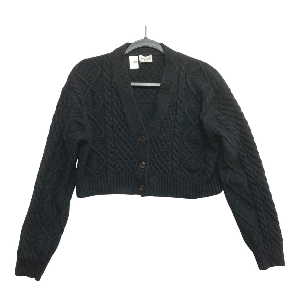 Sunday Best Cardigan Sweater Womens S Black Cable Knit Cropped V-Neck Button Up